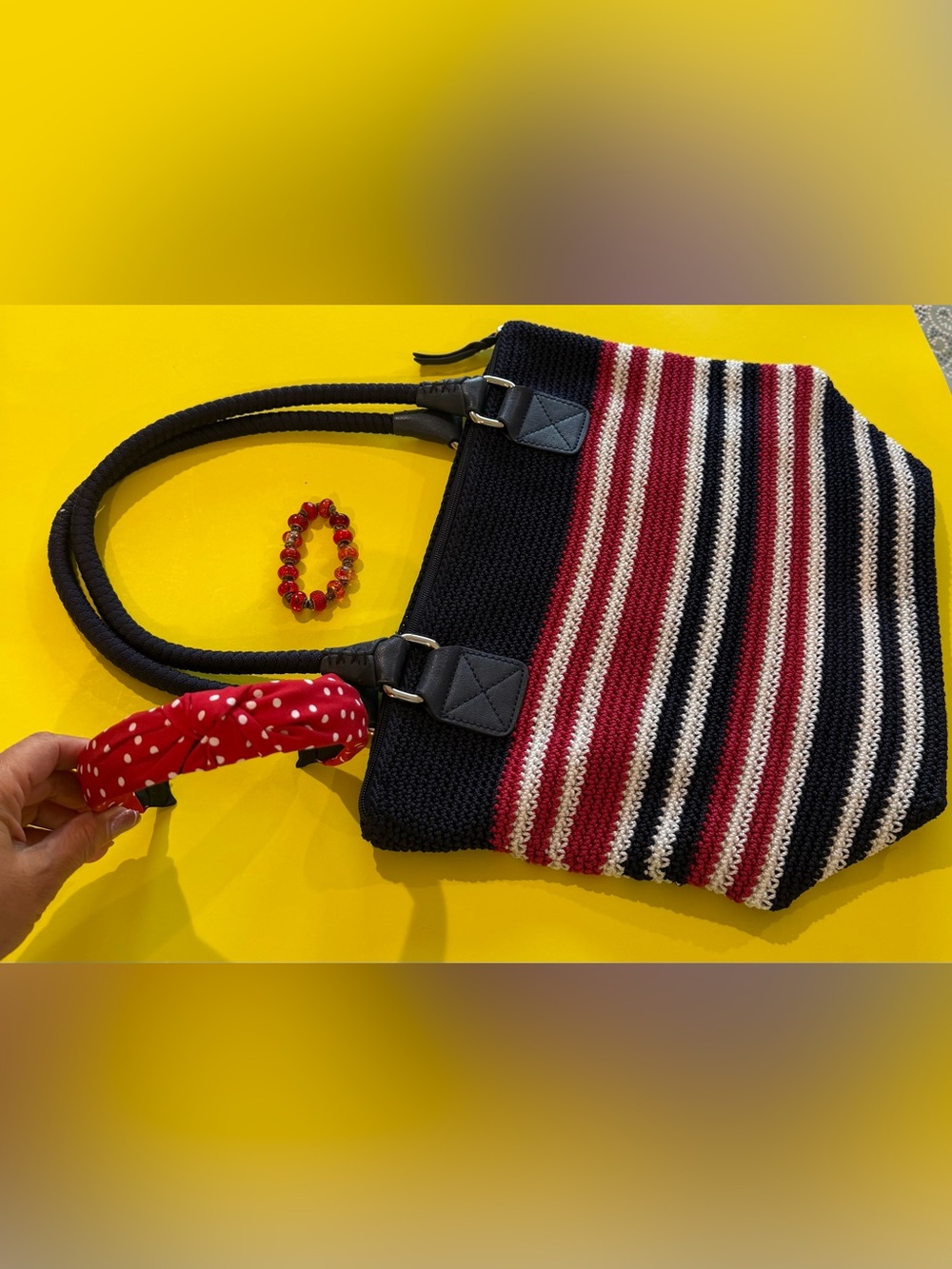 The Sak Striped Knit Tote in Navy, Red & Cream & headband & bracelet